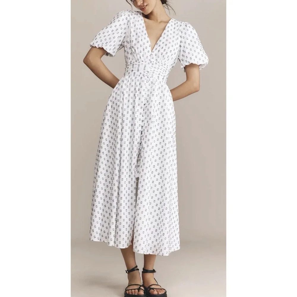 NWT Anthropologie Katerina Button Front Dress White Textured Midi Cottagecore XL - Picture 2 of 9
